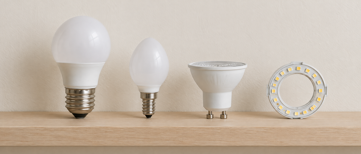 Ampoules E27, E14, GU10 et LED intégrée posées côte à côte