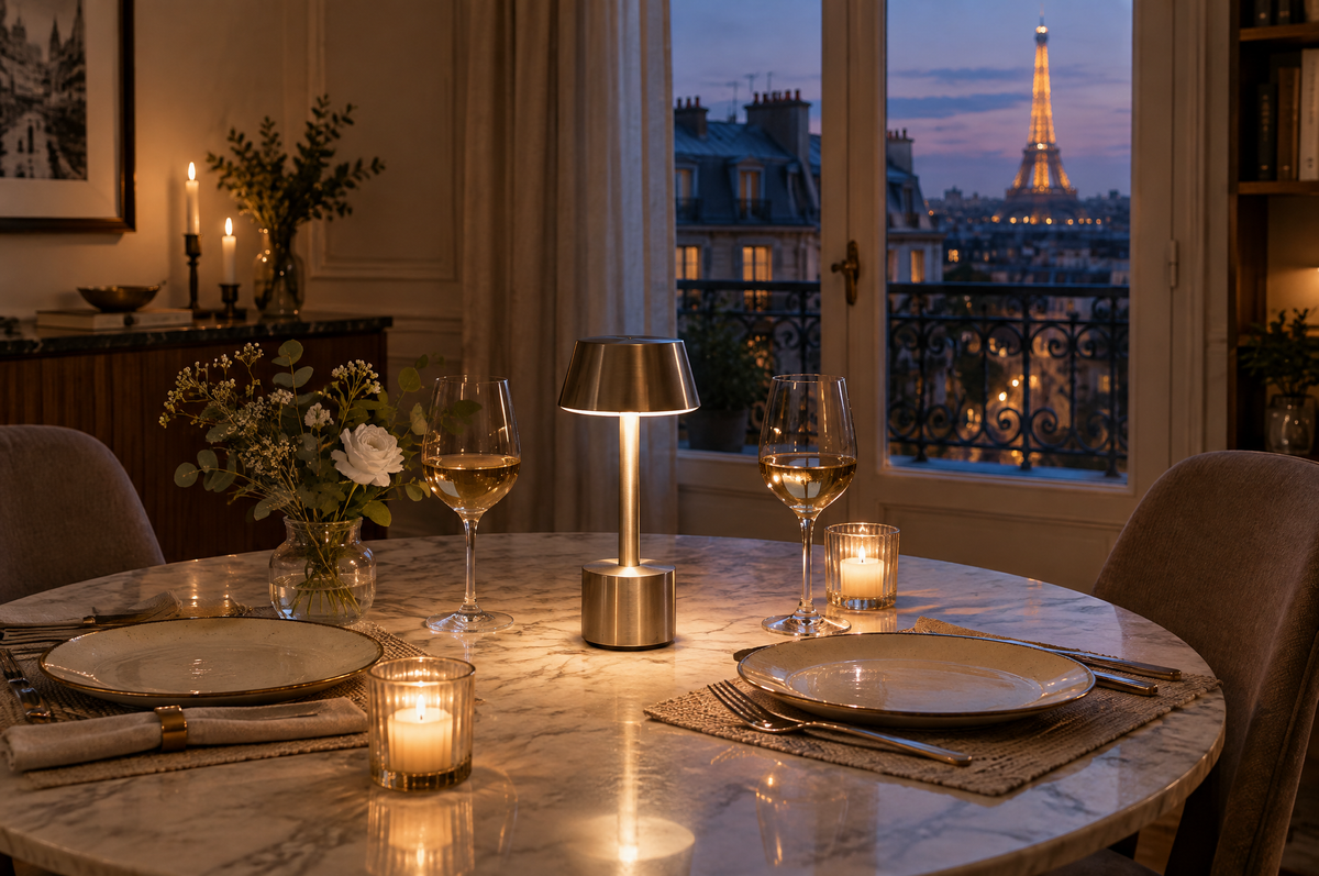 Lampe sans fil en métal brossé allumée sur une table dressée pour deux, sans aucun câble