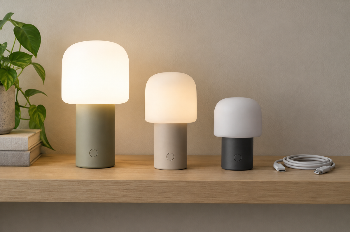 Trois lampes rechargeables de tailles différentes sur une étagère, avec un câble USB-C Image