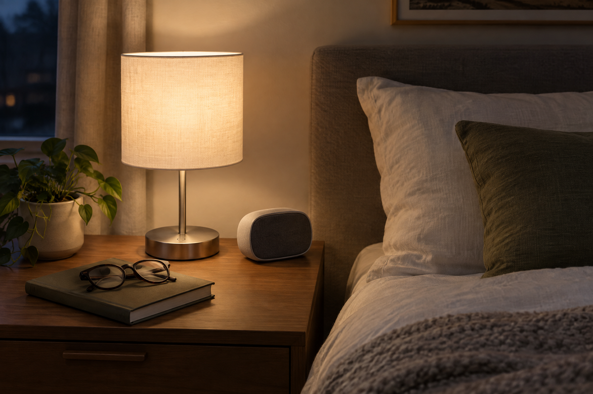 Lampe de chevet tactile allumée sur une table de nuit, avec un livre et des lunettes Image