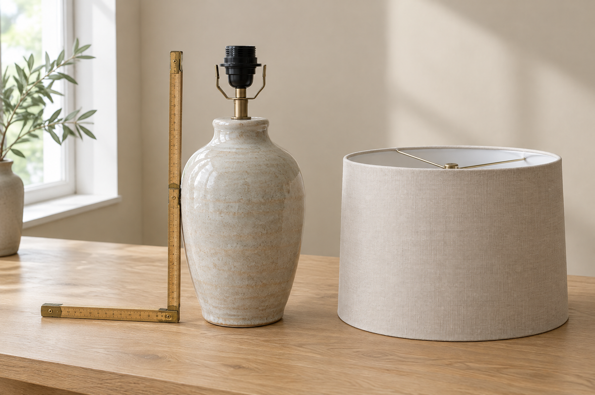 Pied de lampe en céramique, abat-jour en lin et mètre pliant posés sur une table en chêne