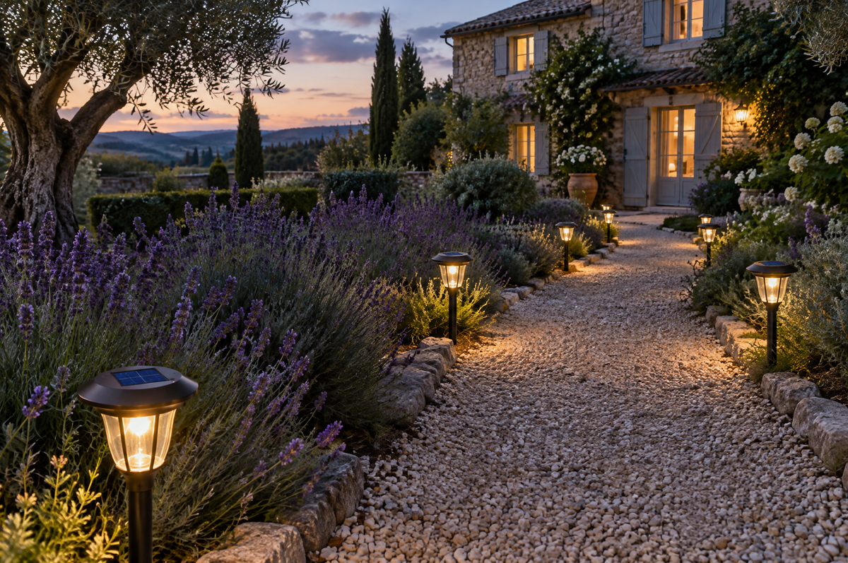 Bornes solaires allumées le long d'une allée de jardin bordée de lavande au crépuscule Image