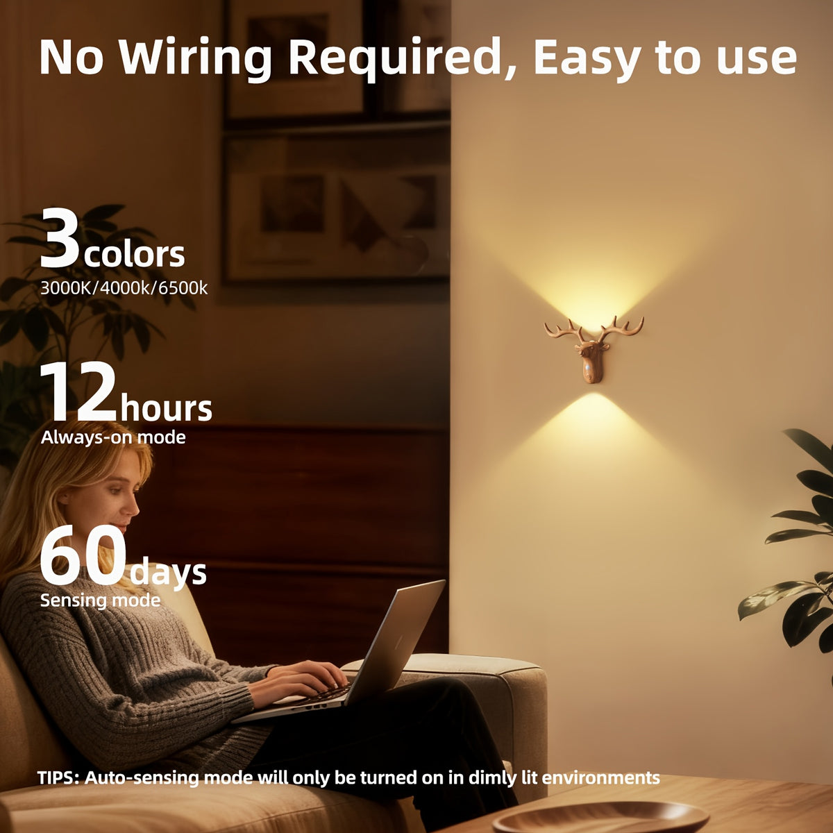 Applique murale tête de cerf LED à détecteur, sans fil rechargeable