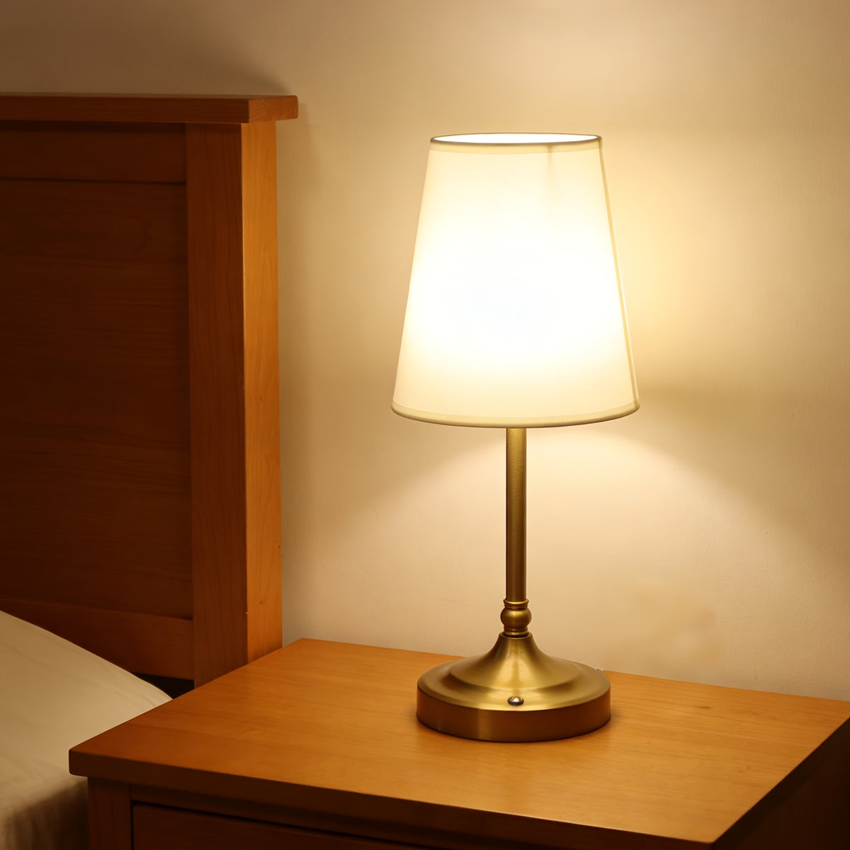 Lampe de table sans fil bronze doré, abat-jour tissu 36 cm, tactile