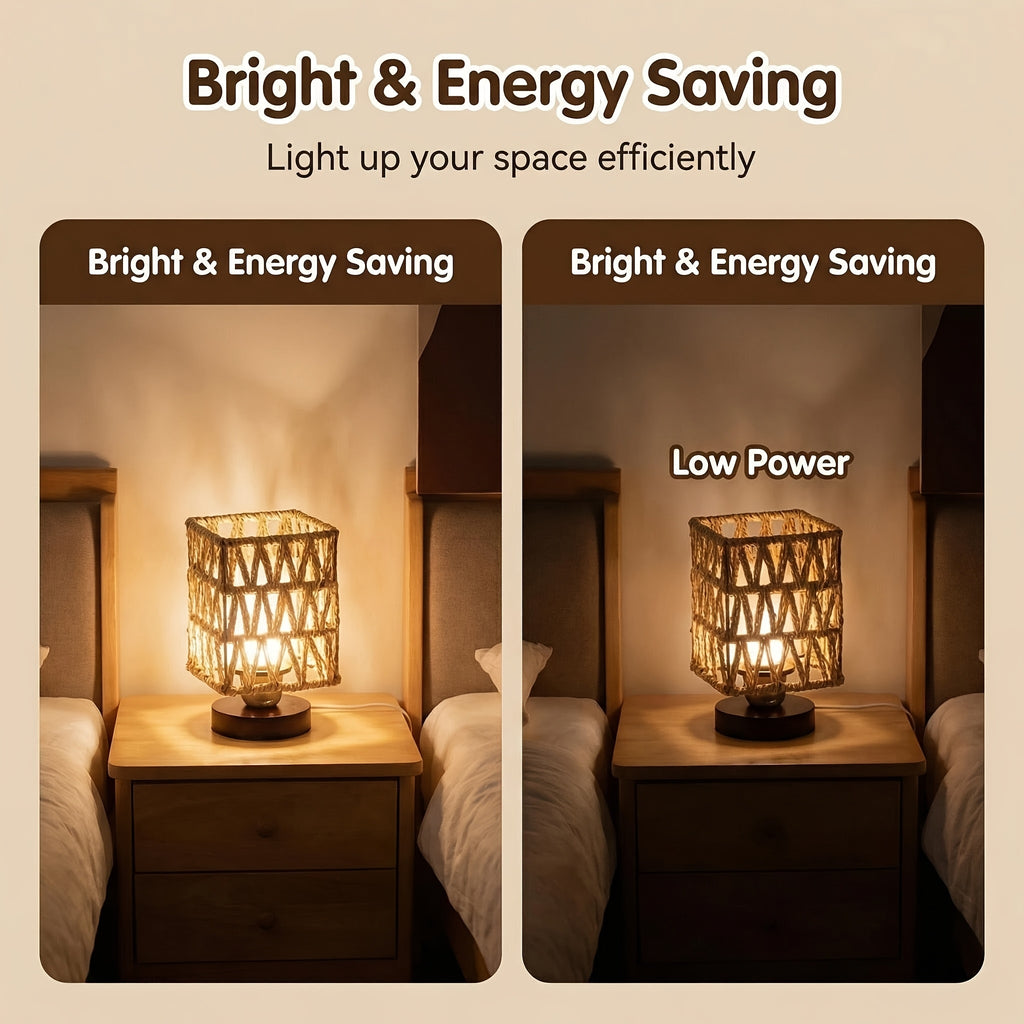 Lampe de chevet carrée en corde tressée, socle en bois, trois teintes
