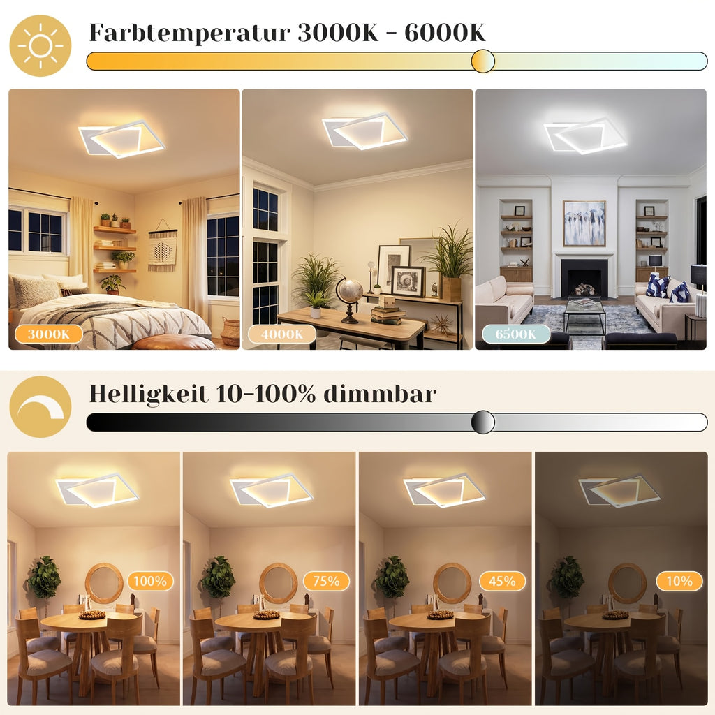 Plafonnier LED à deux carrés superposés de 30 cm, 44 W, noir ou blanc