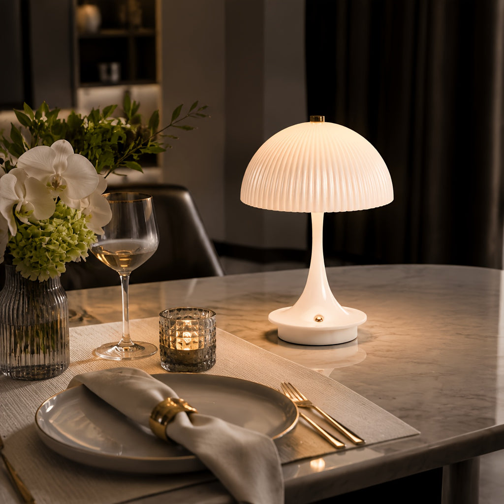Lampe champignon sans fil, dôme blanc strié et pied coloré 23 cm