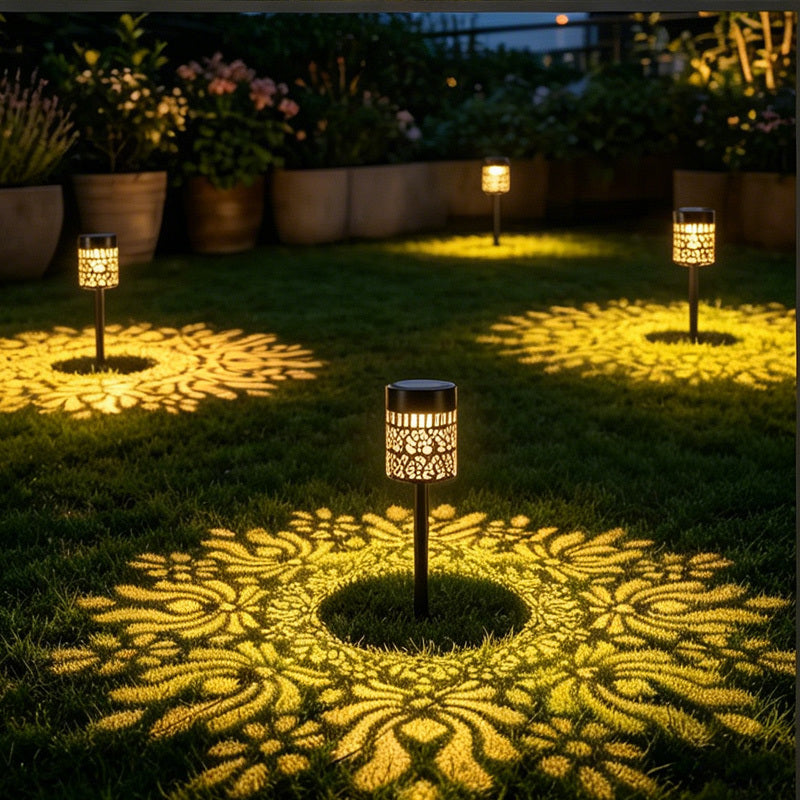 Lampe solaire cylindre en métal ajouré, rosaces dorées, lot de 3