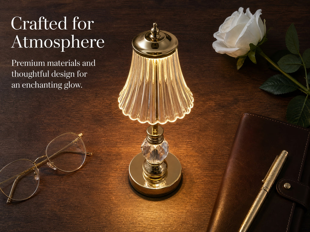 Lampe de chevet sans fil dorée, abat-jour strié et boule à facettes