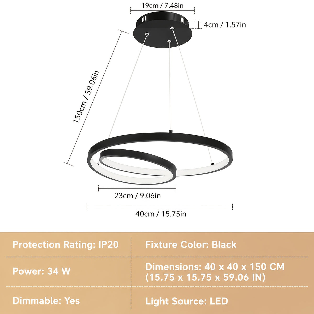 Lustre LED spirale à deux niveaux Ø 40 cm, blanc ou noir, 34 W