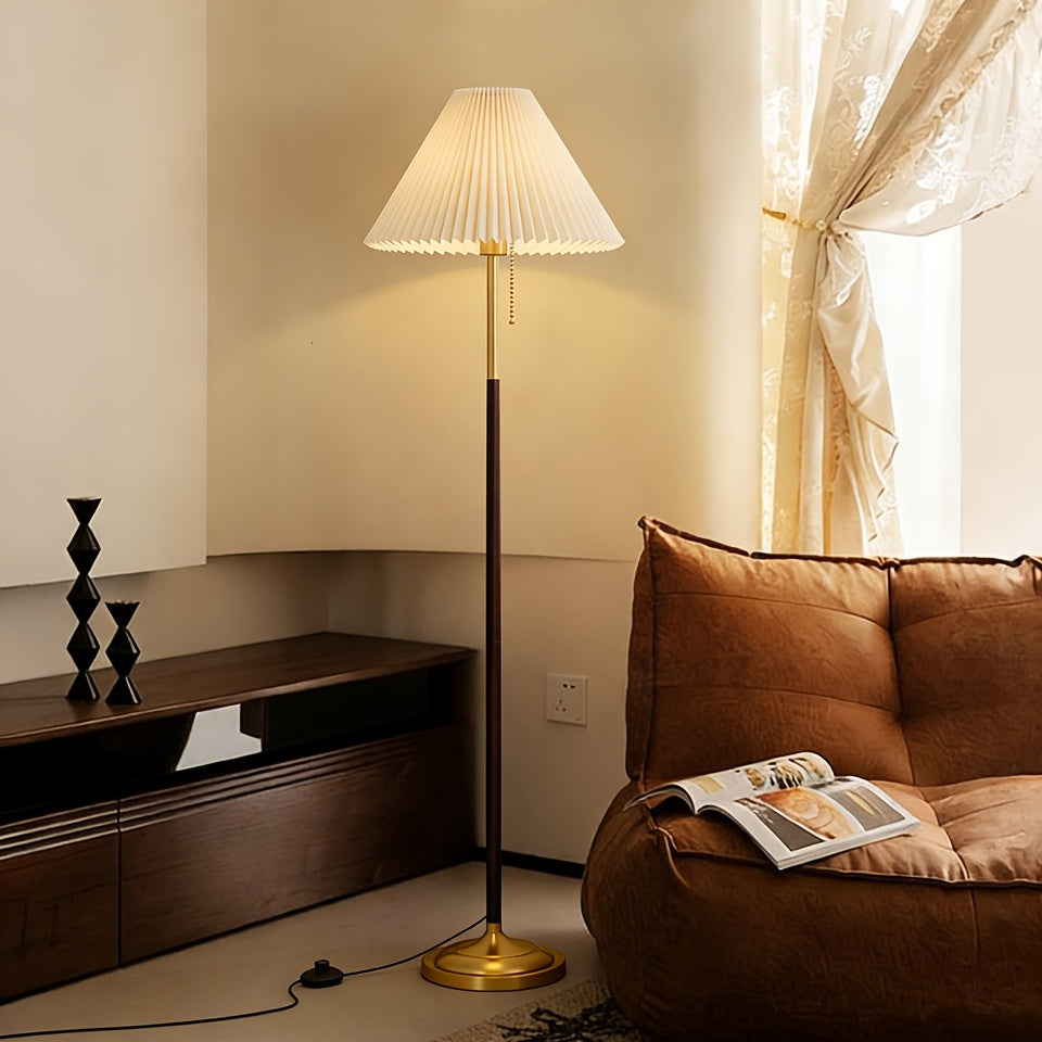 Lampadaire rétro à abat-jour plissé et finitions dorées, 160 cm