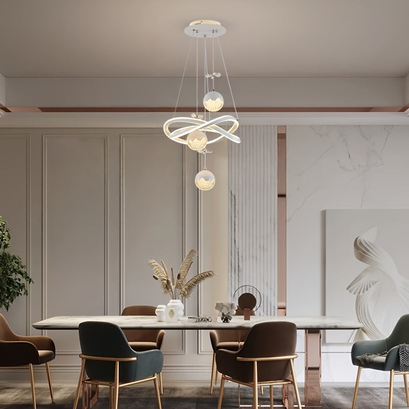 Lustre LED à anneaux lumineux et globes perlés