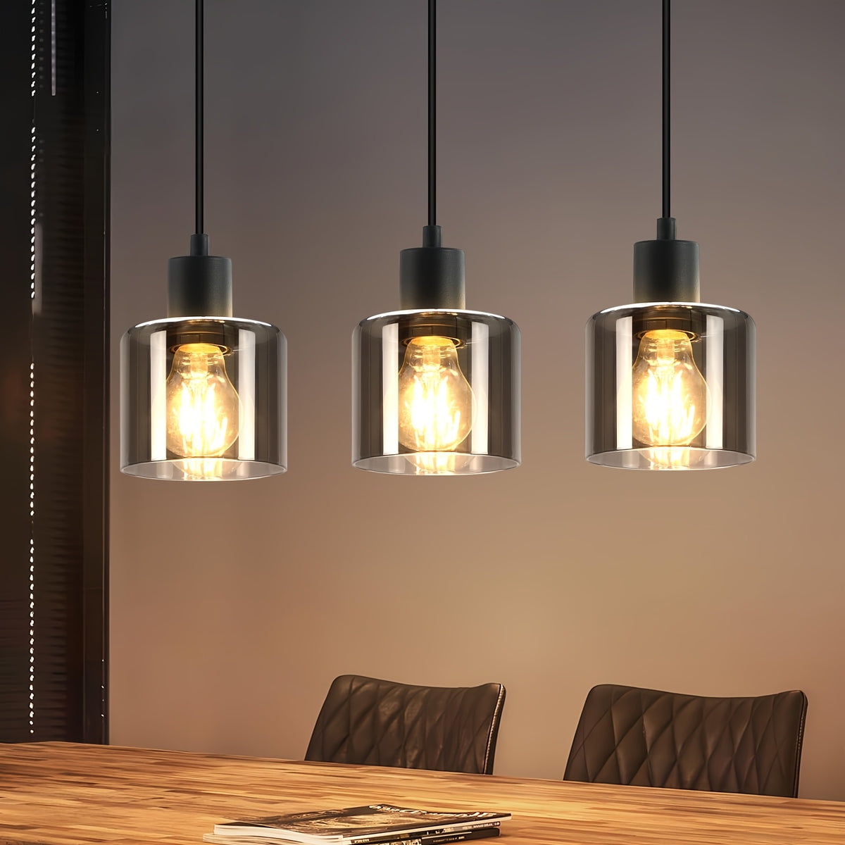 Suspension 3 lumières en verre fumé gris sur barre de 68 cm