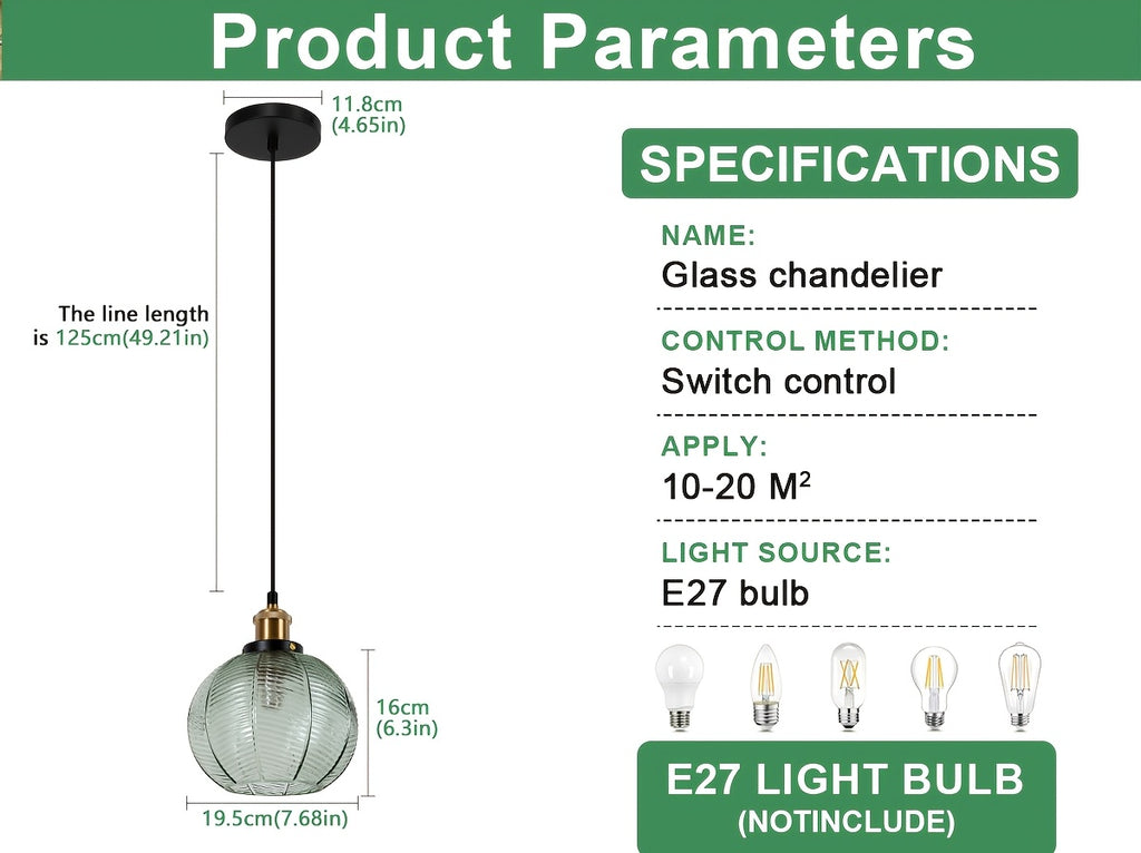 Suspension globe en verre vert nervuré, douille couleur laiton