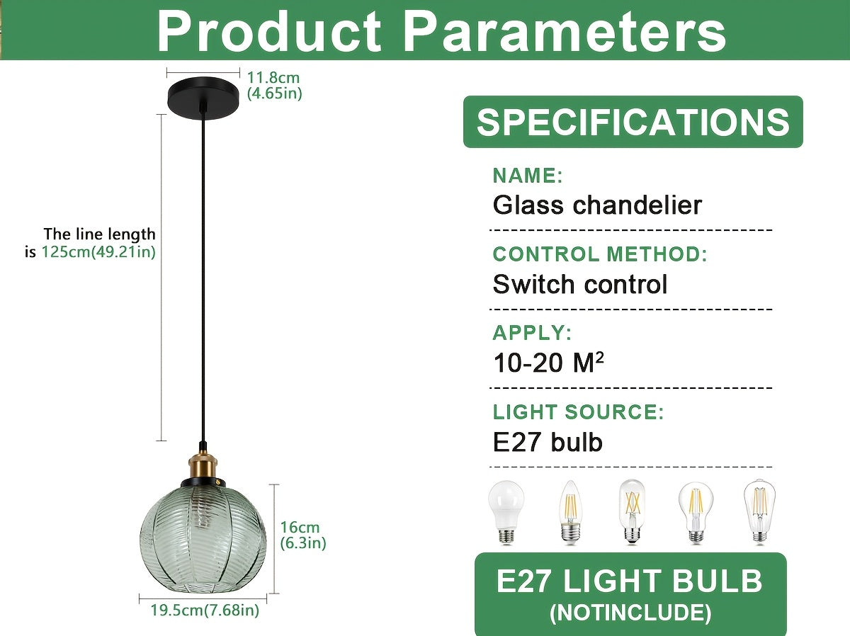 Suspension globe en verre vert nervuré, douille couleur laiton