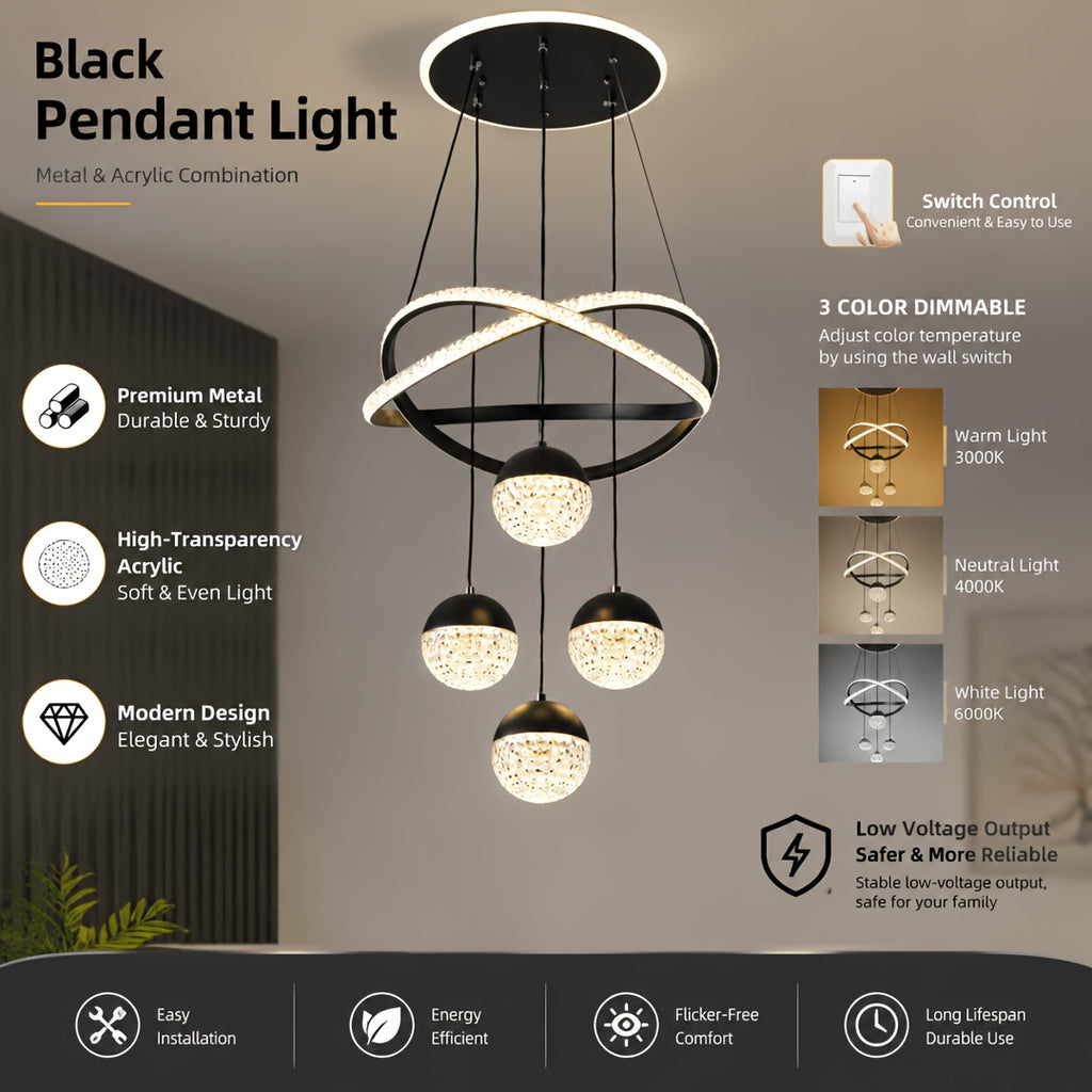 Lustre LED anneaux croisés et trois globes effet cristal, Ø 40 cm