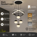 Lustre LED anneaux croisés et trois globes effet cristal, Ø 40 cm