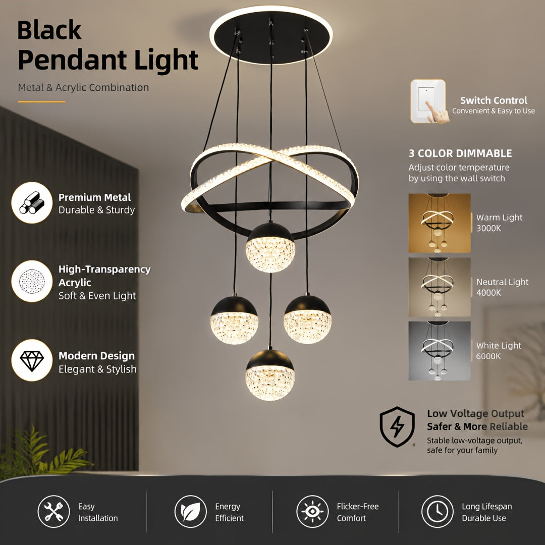 Lustre LED anneaux croisés et trois globes effet cristal, Ø 40 cm