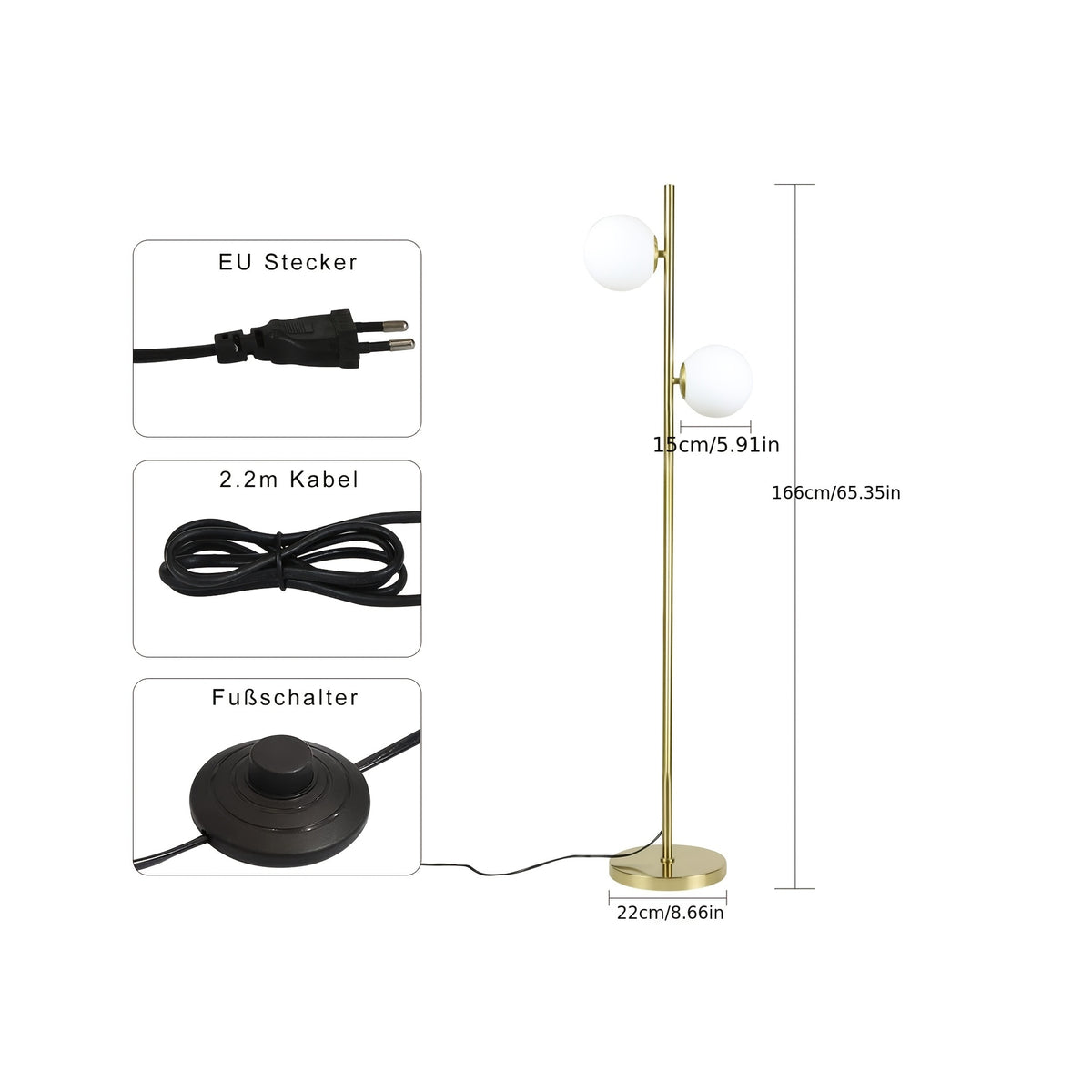 Lampadaire à deux sphères opalines sur tige dorée pour entrée, 166 cm