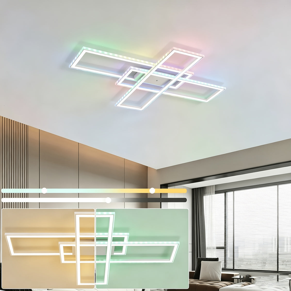 Plafonnier LED rotatif à rectangles RVB, 101 cm, avec télécommande