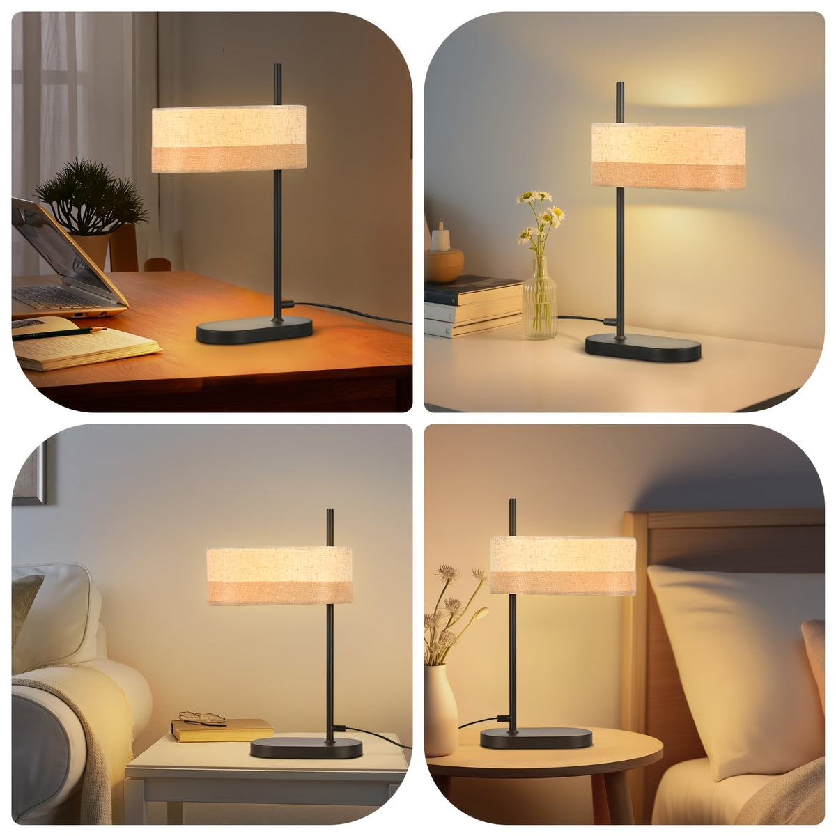 Lampe de chevet noire, abat-jour ovale en tissu bicolore, culot E14