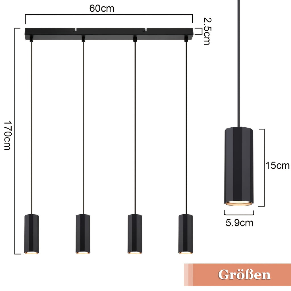 Suspension 4 cylindres facettés noirs GU10, barre de 60 cm
