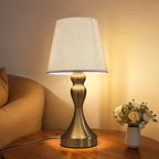 Lampe de chevet dorée, abat-jour conique aspect lin, câble USB