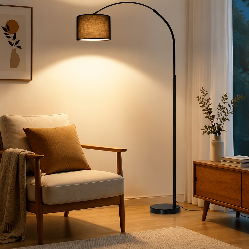 Lampadaire arc pour coin lecture, abat-jour tambour noir Ø 30