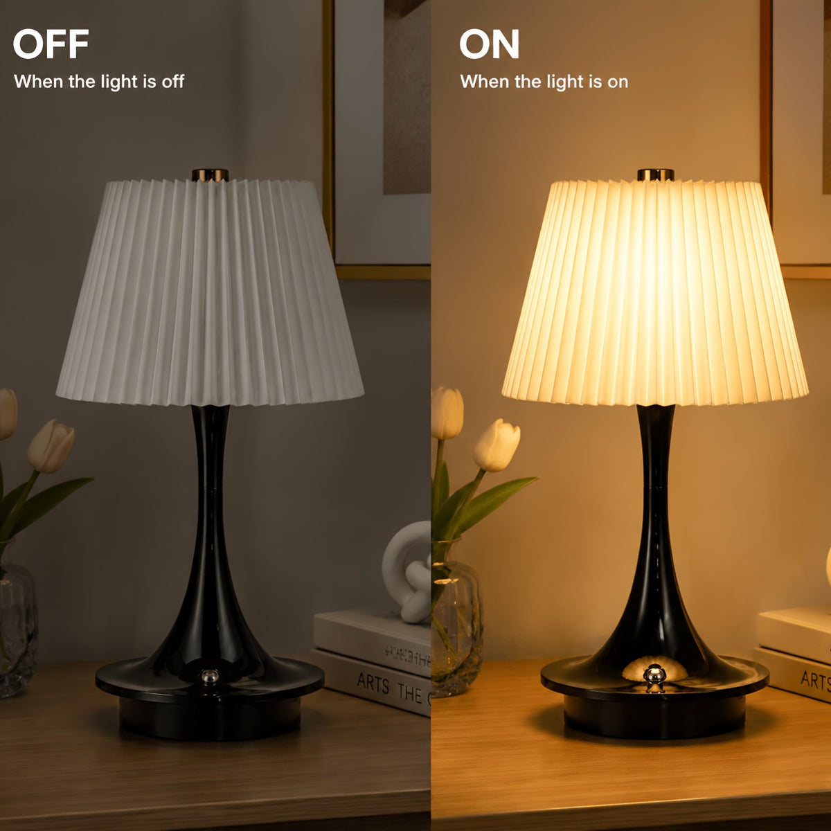 Lampe de chevet sans fil plissée sur pied trompette, 23 cm, 1800 mAh