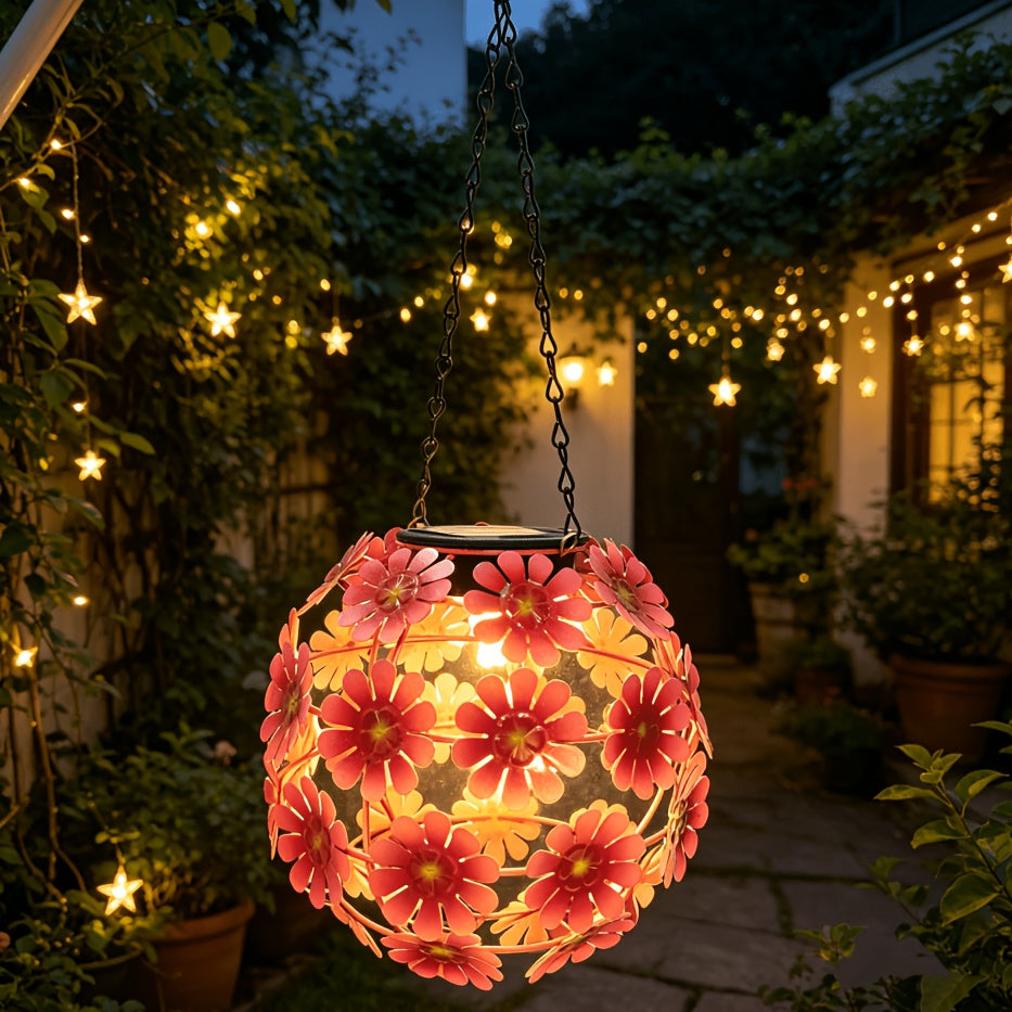 Suspension solaire extérieure boule de fleurs roses et rouges