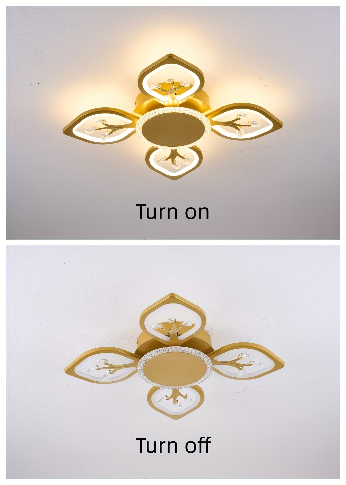 Plafonnier LED à 4 feuilles scintillantes, doré, blanc ou noir