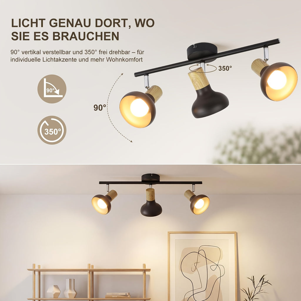 Plafonnier 3 spots orientables noirs à col effet bois, E14