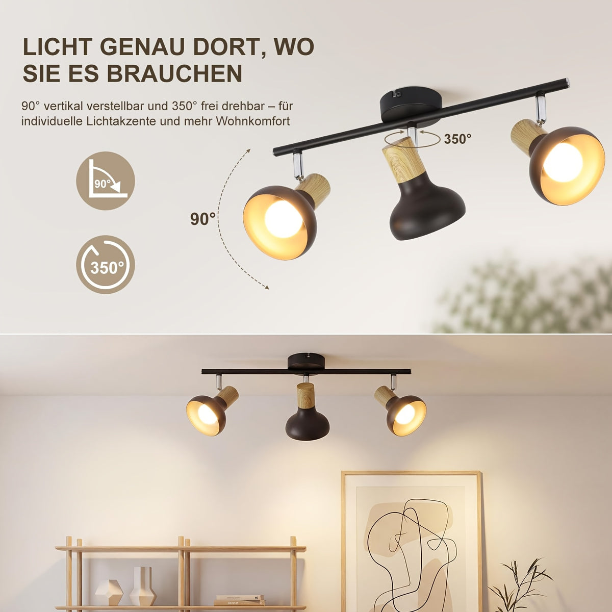Plafonnier 3 spots orientables noirs à col effet bois, E14