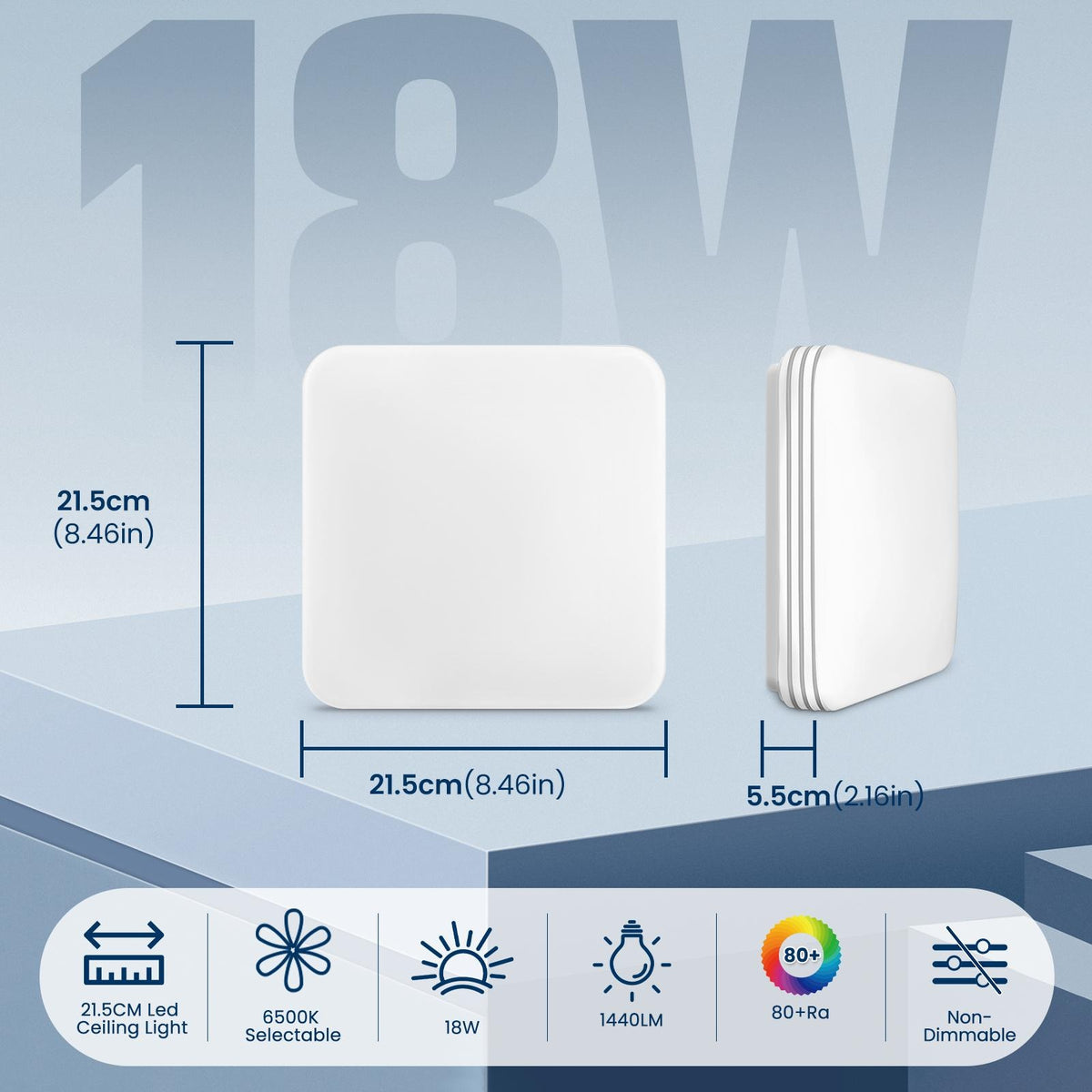 Lot de 2 plafonniers LED carrés 21,5 cm, blanc froid 6500 K