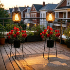 Lampadaire solaire trépied à lanterne grillagée et support de pot