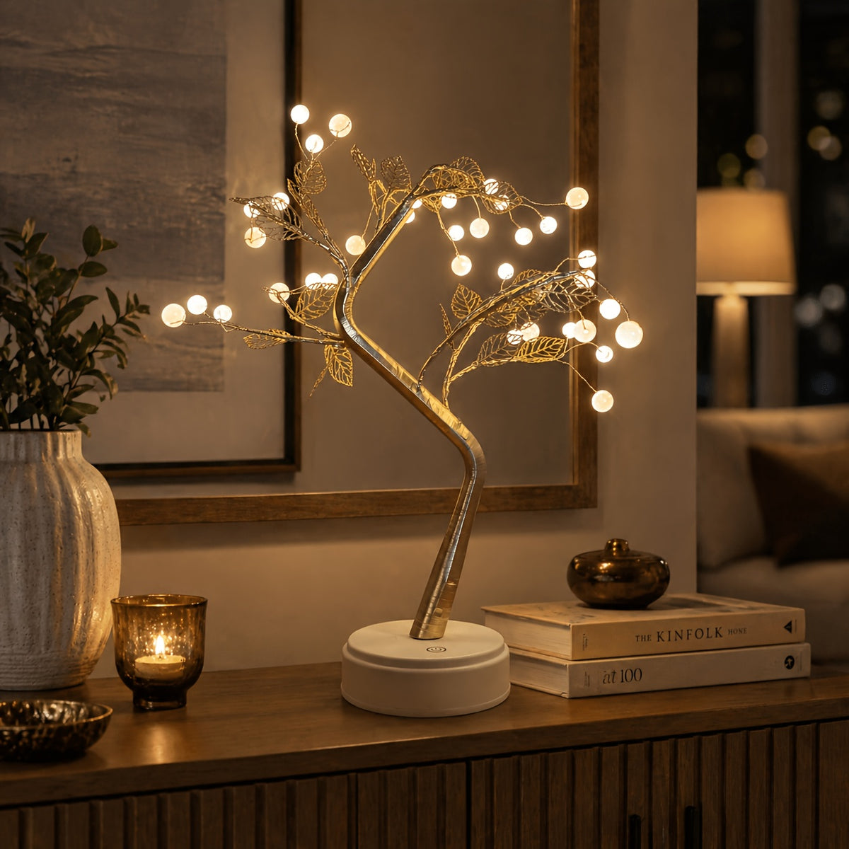 Lampe arbre lumineux à poser, branches dorées et perles LED, 50 cm