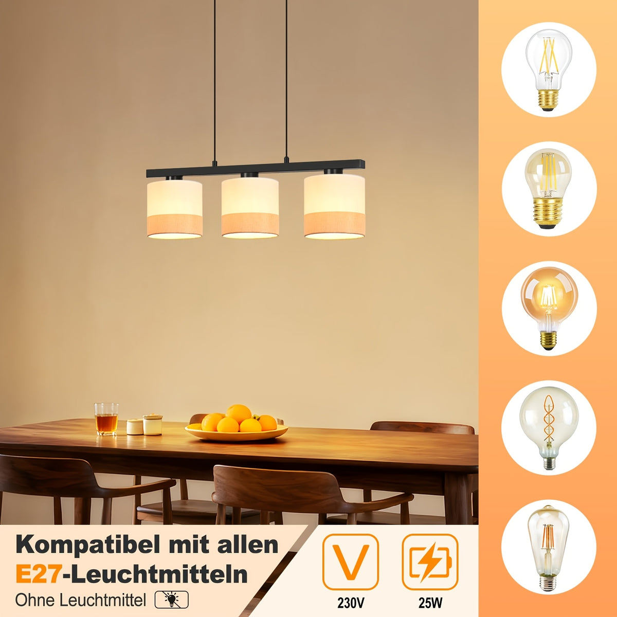 Suspension 3 abat-jour en tissu blanc sur barre noire de 58 cm