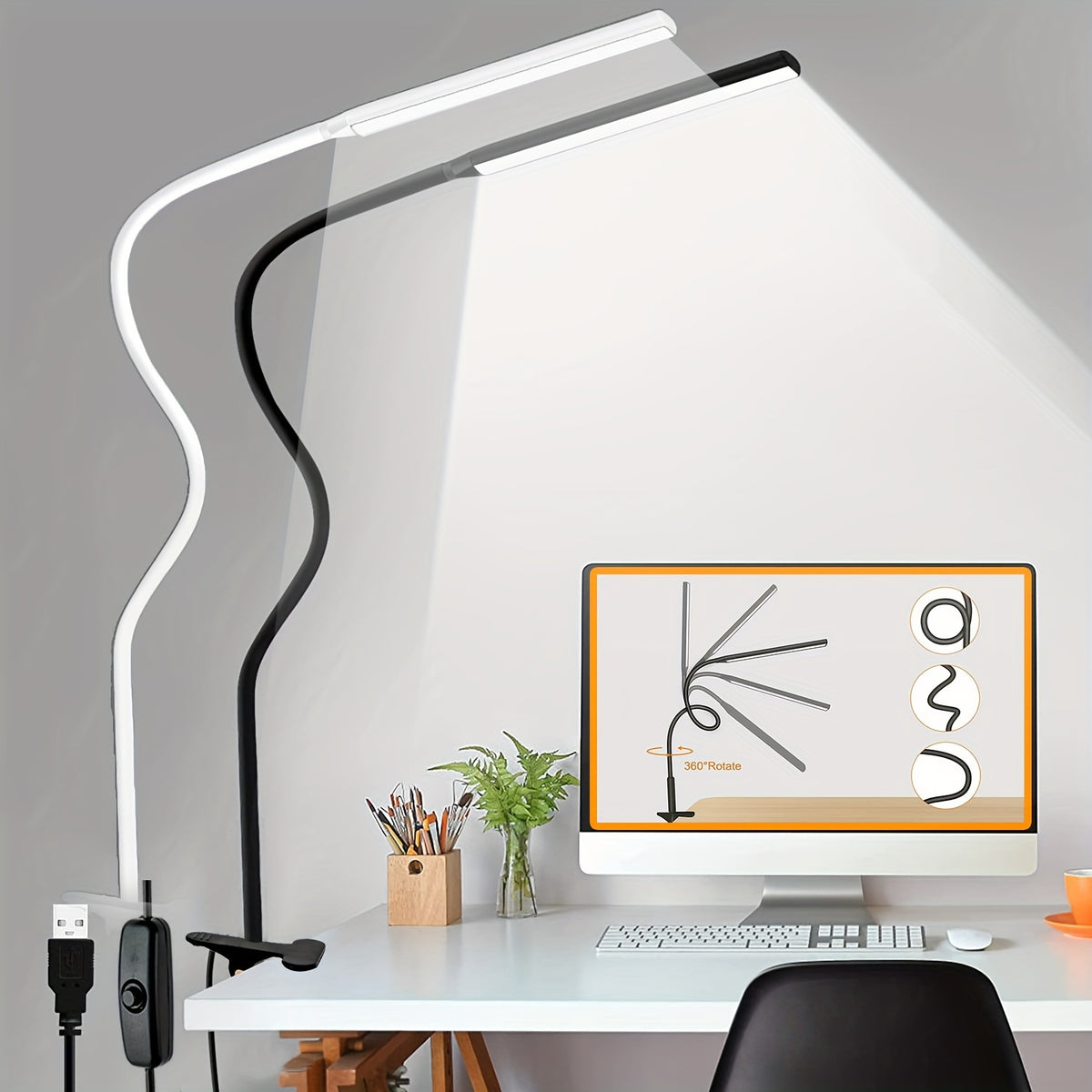 Lampe à pince LED à col de cygne de 32 cm, barre de 25 cm, USB