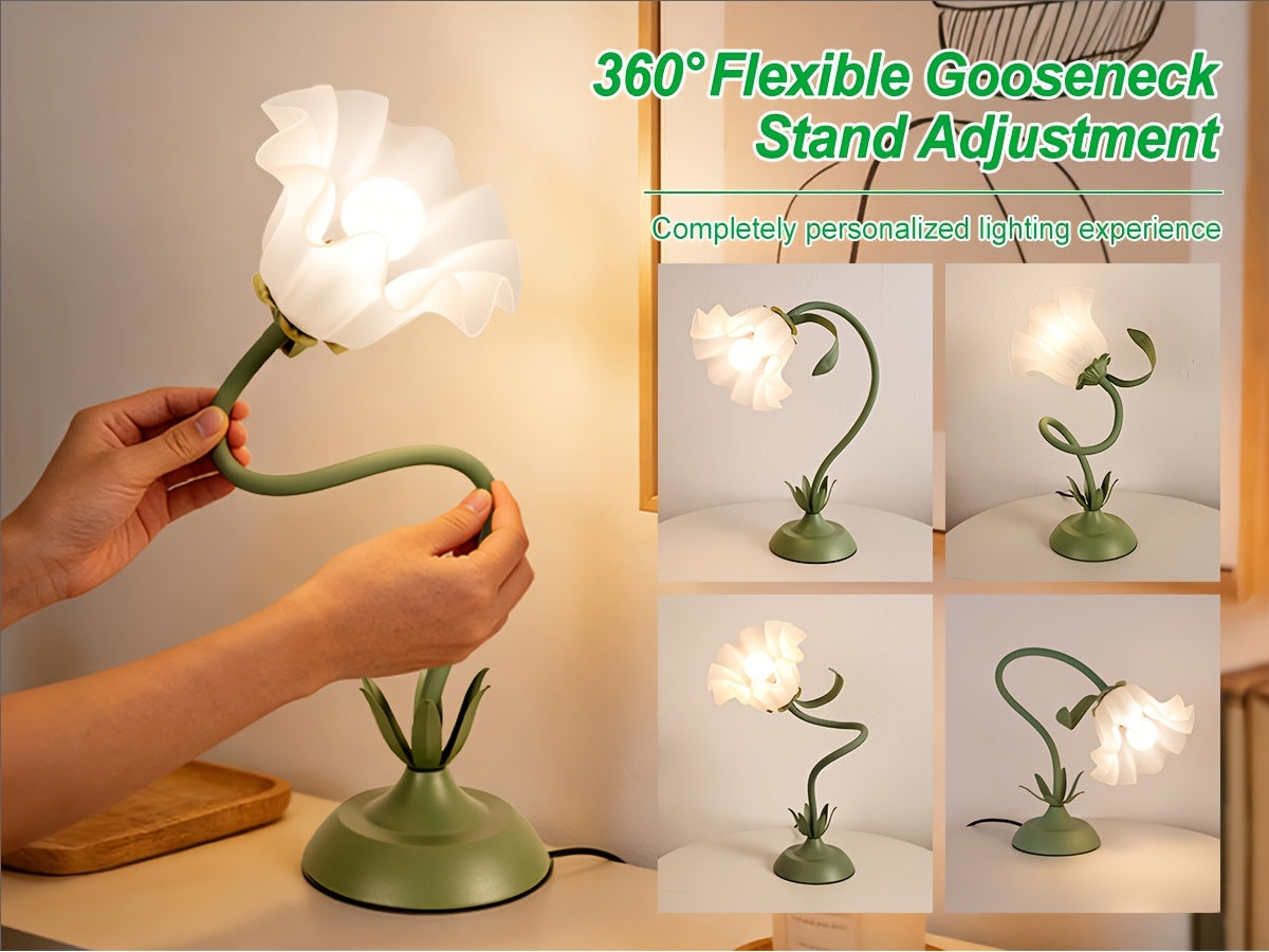 Lampe fleur à col flexible, corolle acrylique, vert ou rose, USB