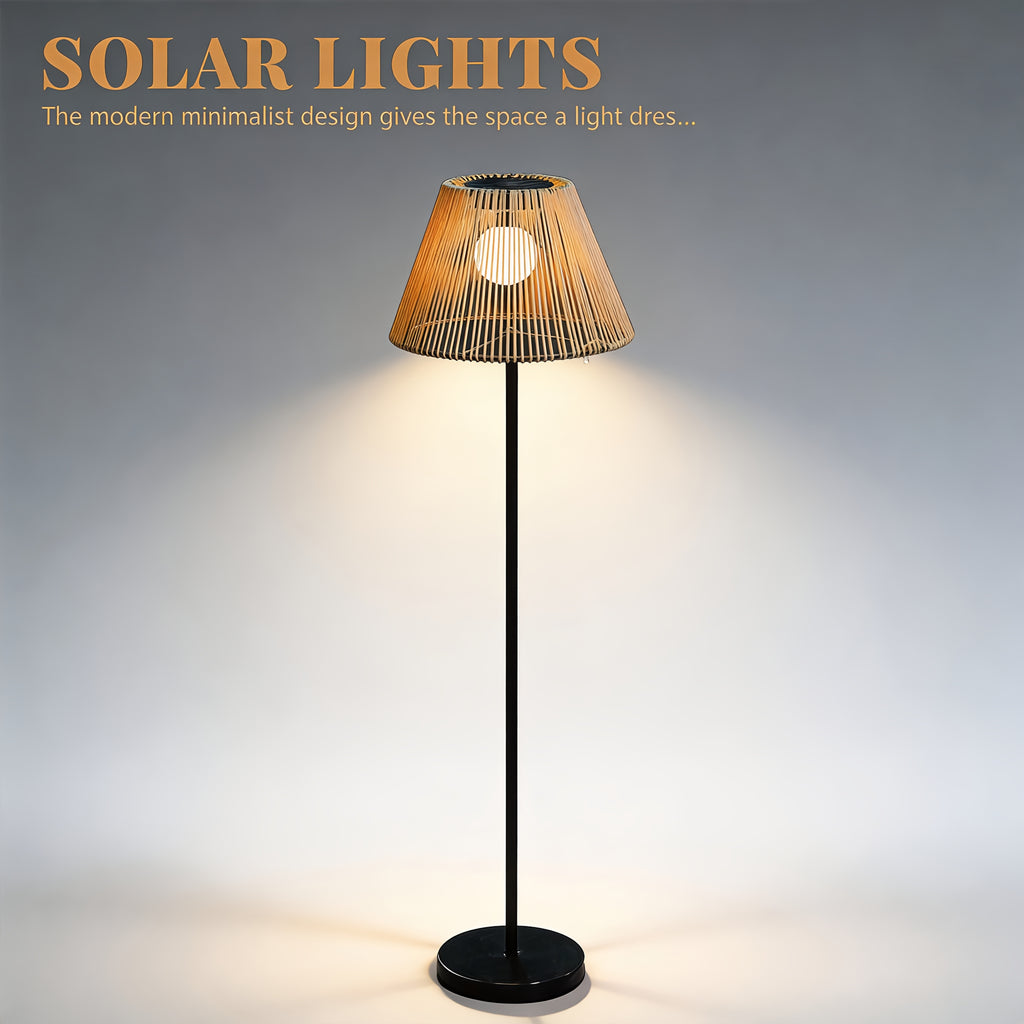Lampadaire solaire effet rotin à trois hauteurs pour terrasse
