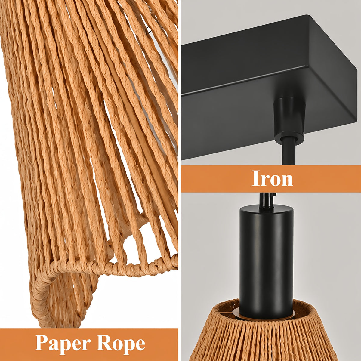 Suspension 3 abat-jour ondulés en corde de papier, barre de 56 cm