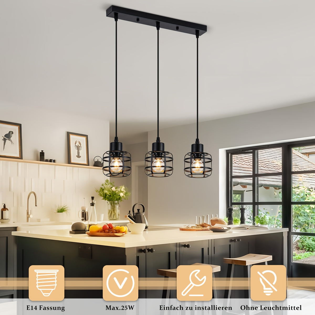 Suspension cages en métal noir E14, 1 lumière ou 3 en grappe