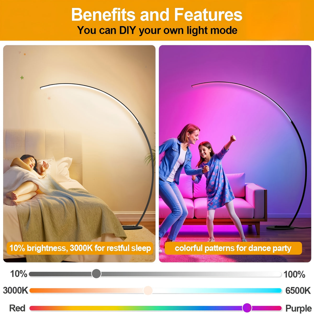 Lampadaire arc LED RVB 165 cm, couleurs et blancs réglables