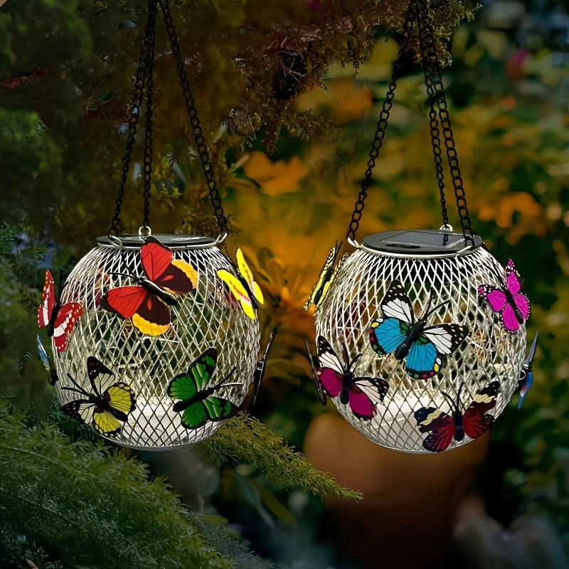 Suspension solaire boule grillagée aux papillons colorés, IP44