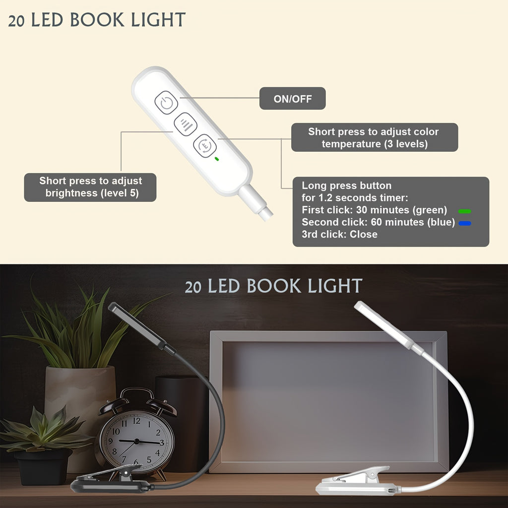 Lampe de lecture à pince avec arrêt programmé 30 ou 60 min, USB-C