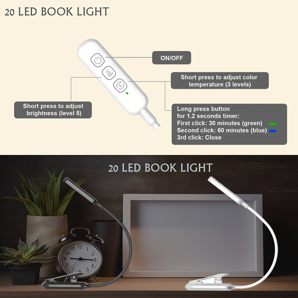 Lampe de lecture à pince avec arrêt programmé 30 ou 60 min, USB-C