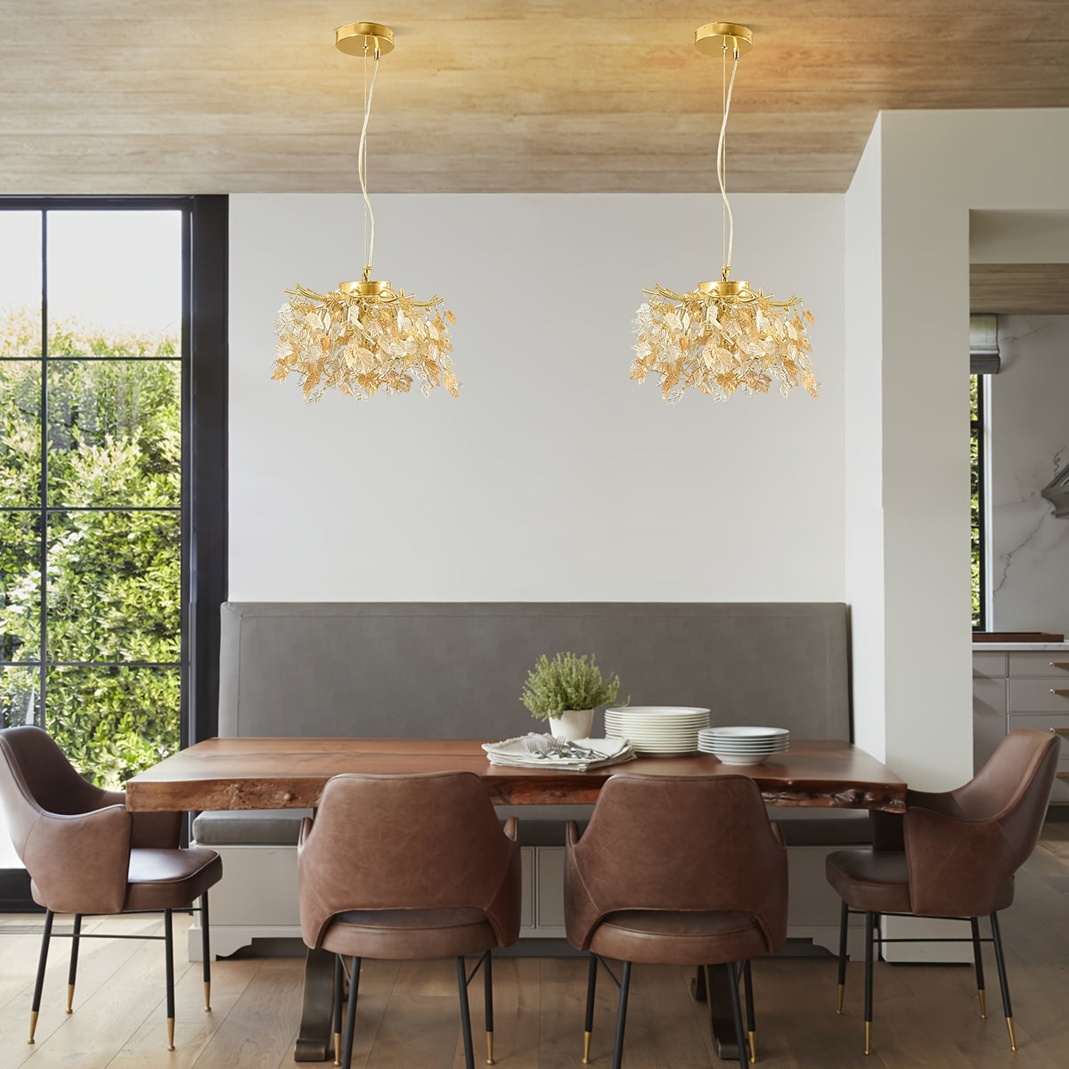 Lustre doré à feuilles d'érable en cristal, Ø 30 cm, douilles G9