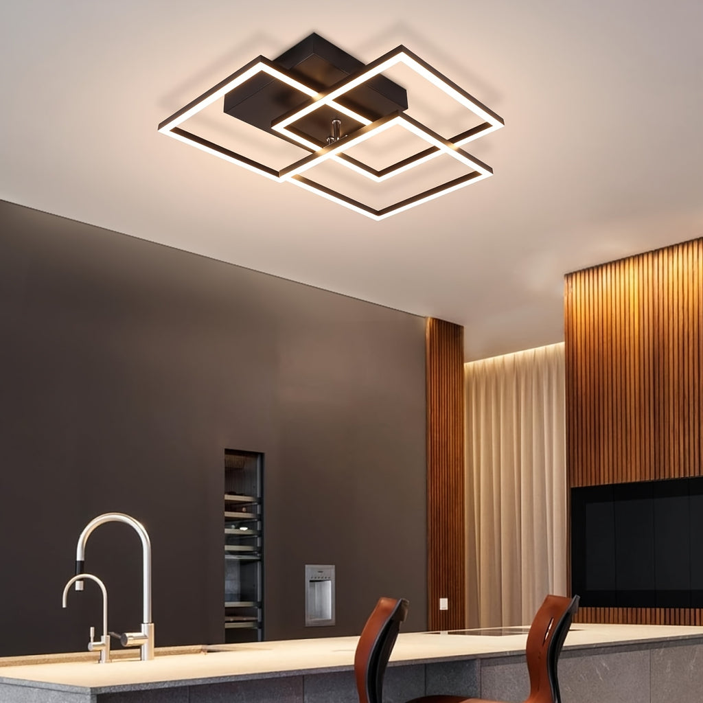 Plafonnier LED trois carrés superposés 40 cm, veilleuse et minuterie