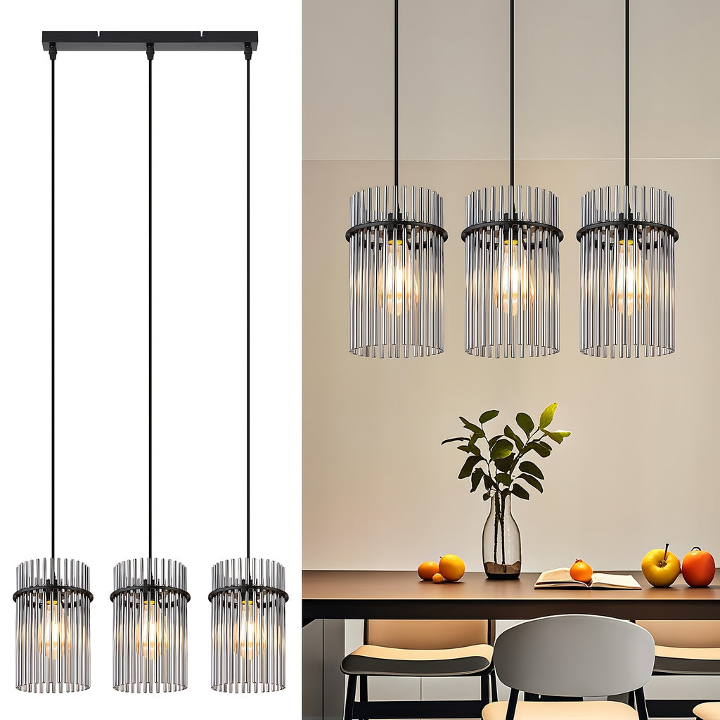 Suspension 3 lampes à baguettes de verre fumé, rosace ou barre
