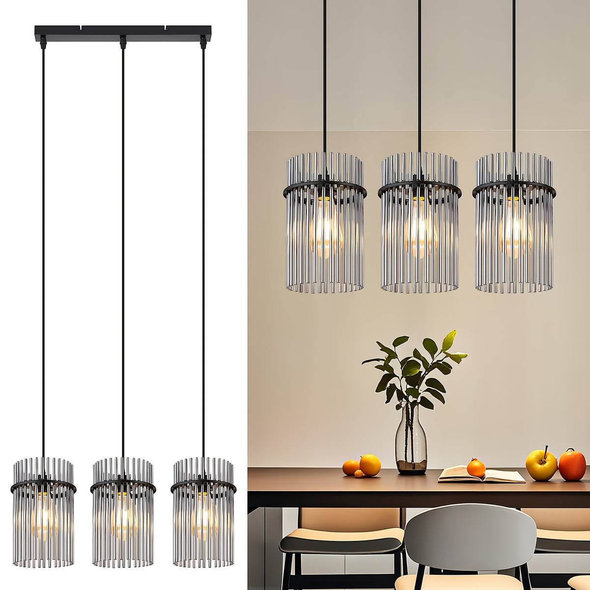 Suspension 3 lampes à baguettes de verre fumé, rosace ou barre